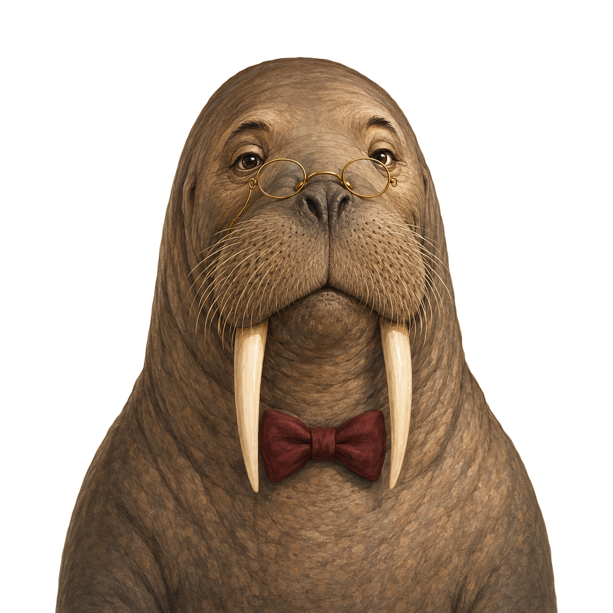 A friendly walrus wearing a burgundy bow tie